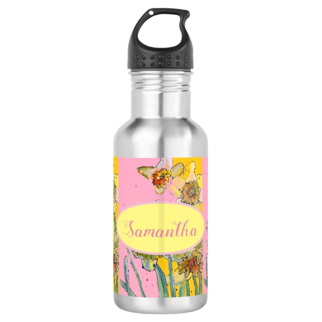 Bouteille D'eau Daffodil Peinture Aquarelle Jaune Rose floral (Devant)