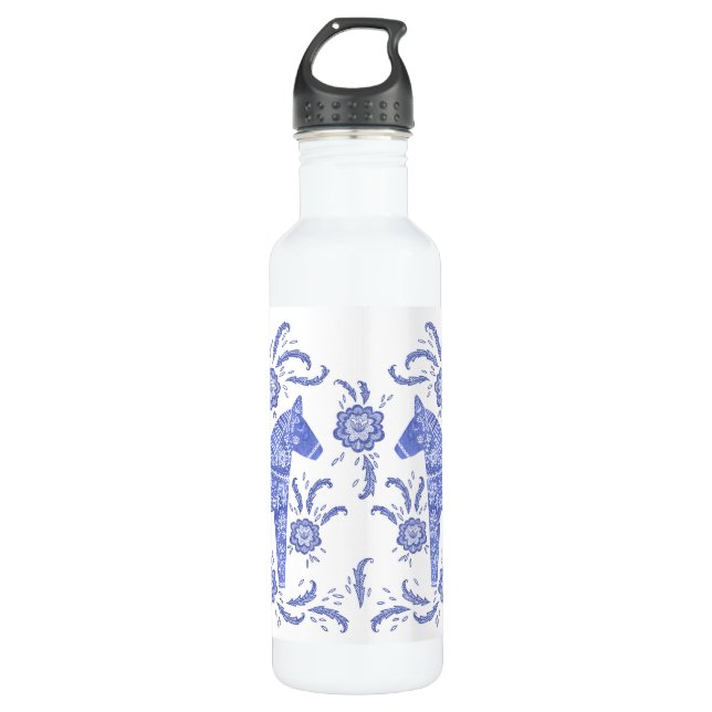 Bouteille D'eau Dala suédois Horse Indigo bleu et blanc (Devant)