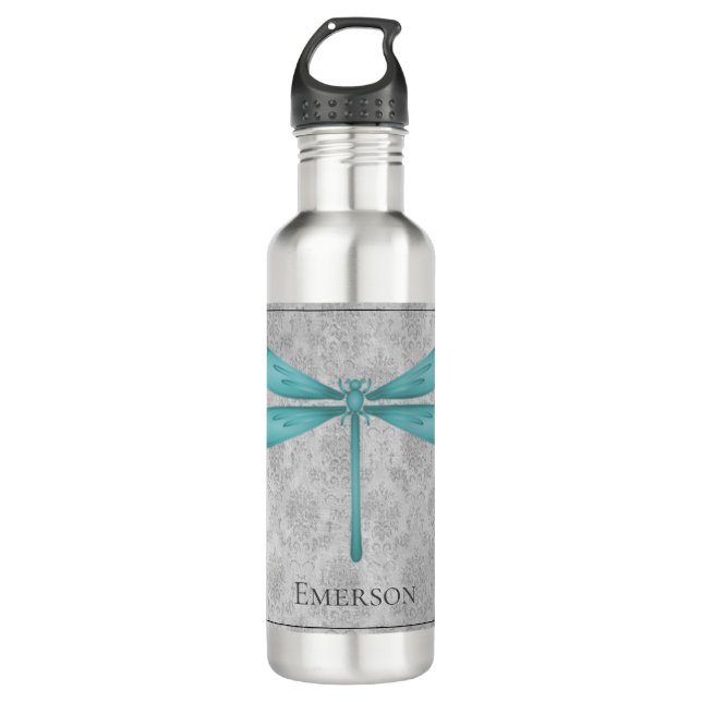 Bouteille D'eau Damas de libellule turquoise (Devant)
