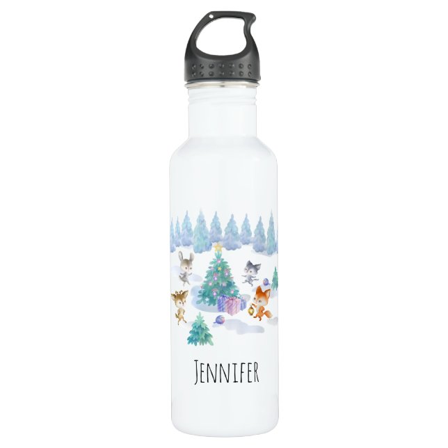 Bouteille D'eau Danse Animaux de forêt Noël Aquarelle (Devant)