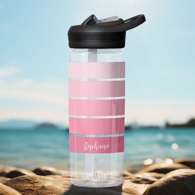 Bouteille D'eau Dégradé des bandes rétro roses Posh - Nom du scrip (Personalized water bottle with retro stripes and your name)