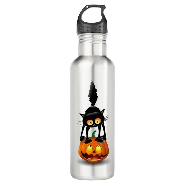 Bouteille D'eau Dessin d'Halloween au chat effrayé sur Citrouille (Devant)