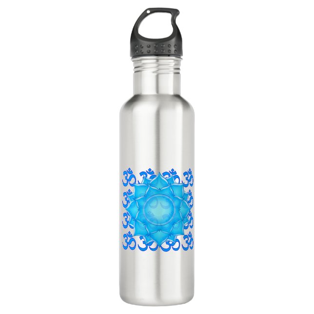 Bouteille D'eau Dessin Fleur Lotus De Verre Bleu Avec Motif Om (Devant)