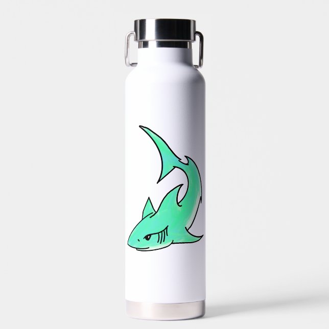 Bouteille D'eau dessin souriant requin menthe bleu vert océan anim (Avant)
