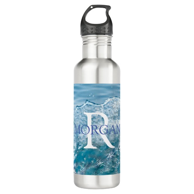 Bouteille D'eau do-it-yourself Monogramme & Nom Bleu & Blanc, Eau  (Devant)