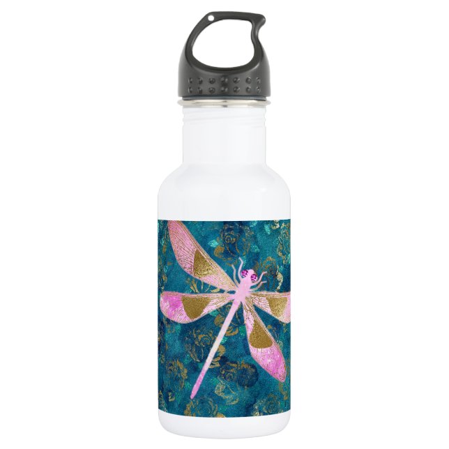 Bouteille D'eau Dragonfly rose Gold sur Turquoise Floral Arrière - (Devant)
