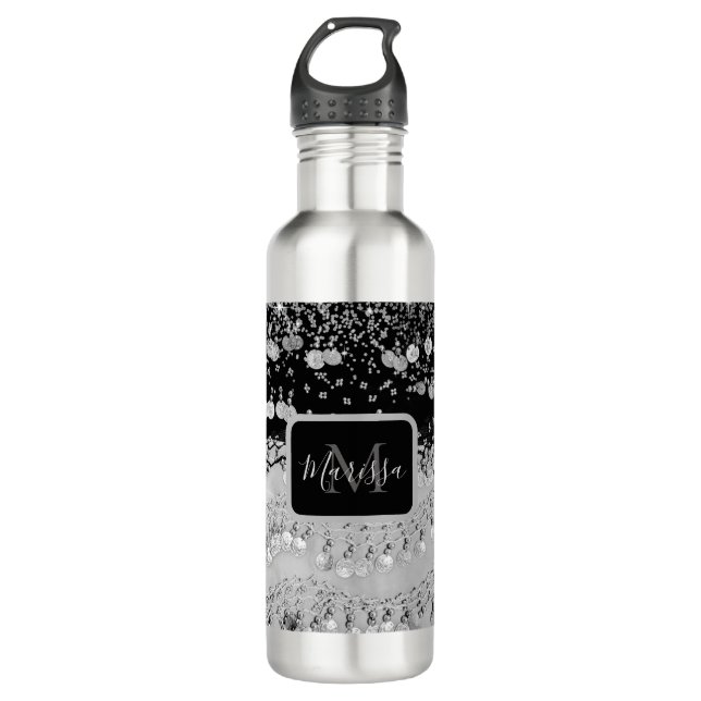Bouteille D'eau Écharpe noire et argentée chic Monogram Chic (Devant)