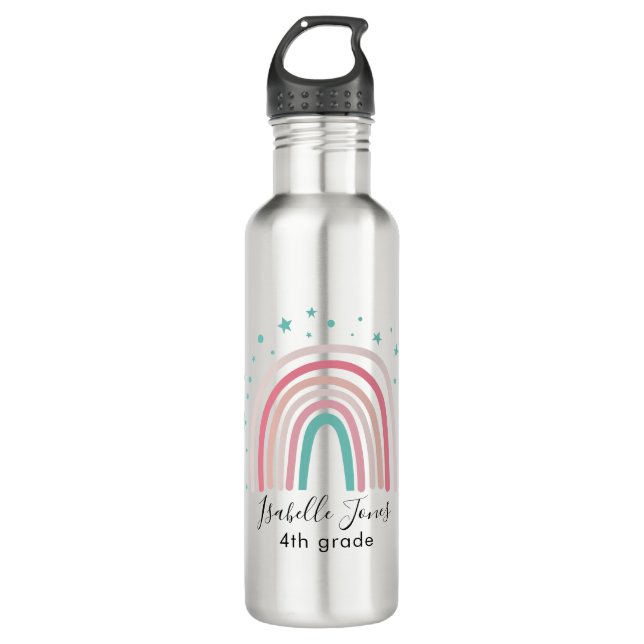 Bouteille D'eau Ecriture arc-en-ciel rose fille école personnalisé (Devant)