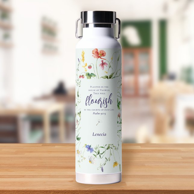 Bouteille D'eau Écriture fleur sauvage aquarelle personnalisée (Créateur téléchargé)