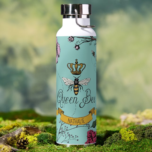 Bouteille D'eau Elégant Abeille Turquoise Florale (Elegant Queen Bee Gold Crown Water Bottle in Teal for Her. Hand Drawn Floral Bee Illustration.)