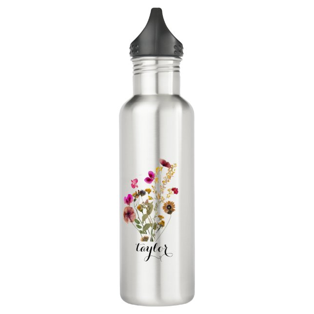 Bouteille D'eau Elegant Boho Floral Fleur sauvage Nom personnalisé (Gauche)