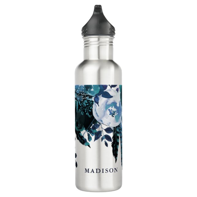 Bouteille D'eau Elégant Bouquet floral bleu avec nom (Droite)