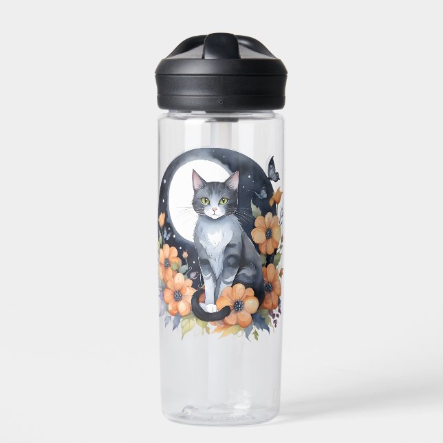 Bouteille D'eau Élégant Chat noir Floral Moon Art Amoureux des cha (Extérieur)