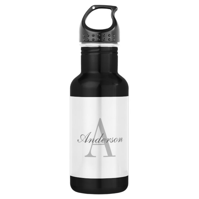 Bouteille D'eau Élégant Monogramme blanc et gris (Devant)
