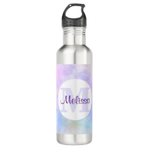 Bouteille D'eau Élégant Monogramme d'aquarelle bleu violet
