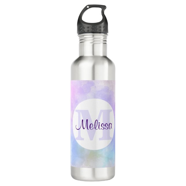 Bouteille D'eau Élégant Monogramme d'aquarelle bleu violet (Devant)