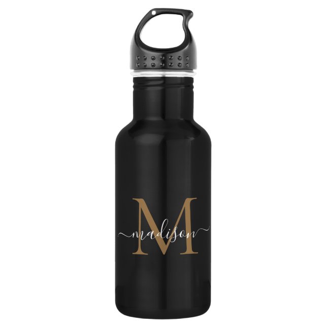 Bouteille D'eau Élégant Monogramme d'or noir Feminine Nom du scrip (Devant)