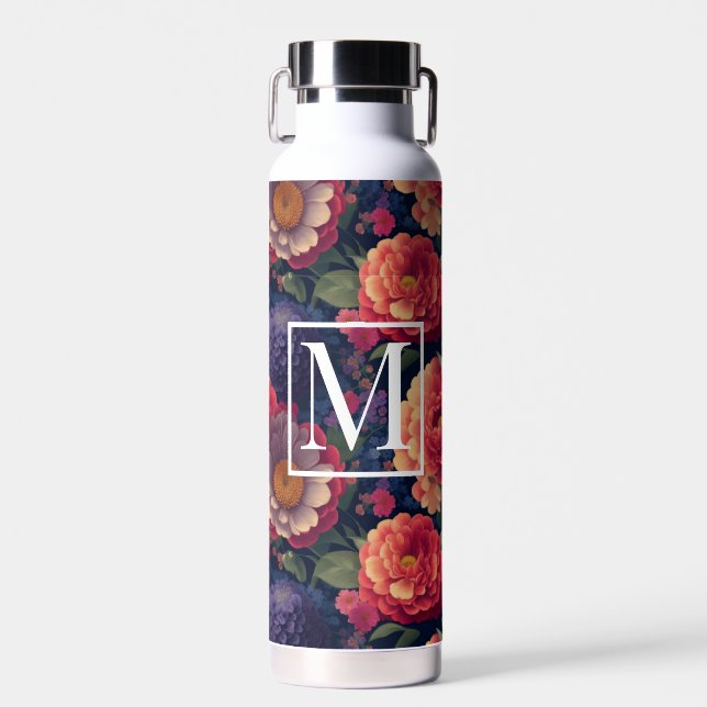 Bouteille D'eau Élégant monogramme romantique orange rouge floral (Avant)