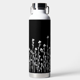 Bouteille D'eau Elégant noir blanc minimaliste doodé floral