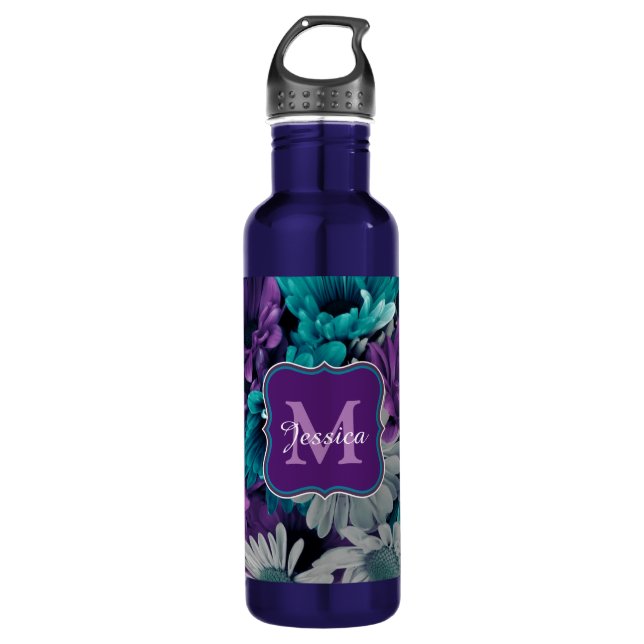 Bouteille D'eau Elégant Personnalisé Purple et Fleurs Bleues (Devant)
