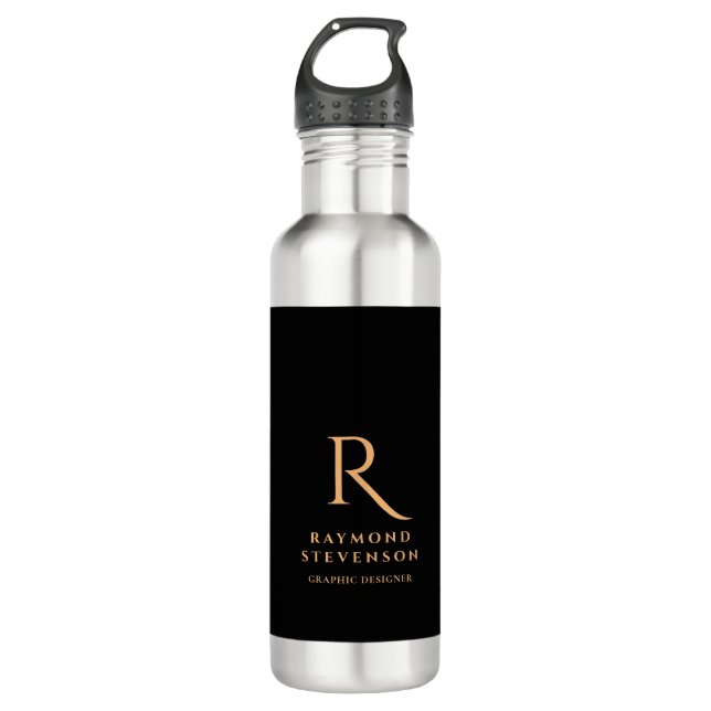 Bouteille D'eau Élégant professionnel Black Gold Monogramme (Devant)