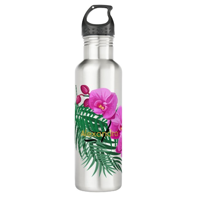 Bouteille D'eau Elégant rose Orchidées Vert Palm Feuilles Monogram (Devant)