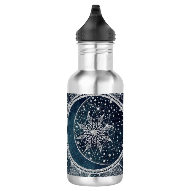 Bouteille D'eau Elégant Silver Sun Moon Doodle Mandala Blue Design (Droite)