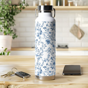Bouteille D'eau Élégant Toile Bleu et Blanc Botanique Vintage