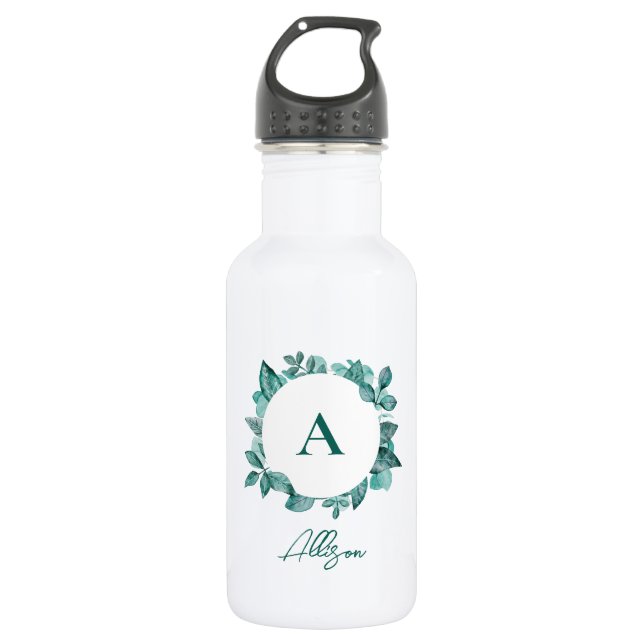 Bouteille D'eau Elégant vert Turquoise Aquarelle Monogramme (Devant)
