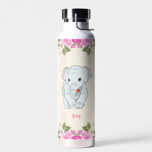 Bouteille d'eau éléphant mignon et fleurs roses