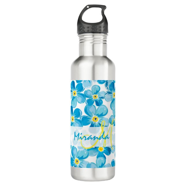 Bouteille D'eau En Acier Inoxydable Aquarelle vive bleu m'oublier pas fleurs nom (Devant)