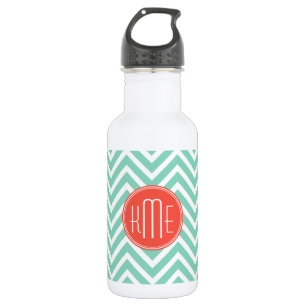 Bouteille D'eau En Acier Inoxydable Chic Aqua Green Chevron et Orange Custom Monogramm