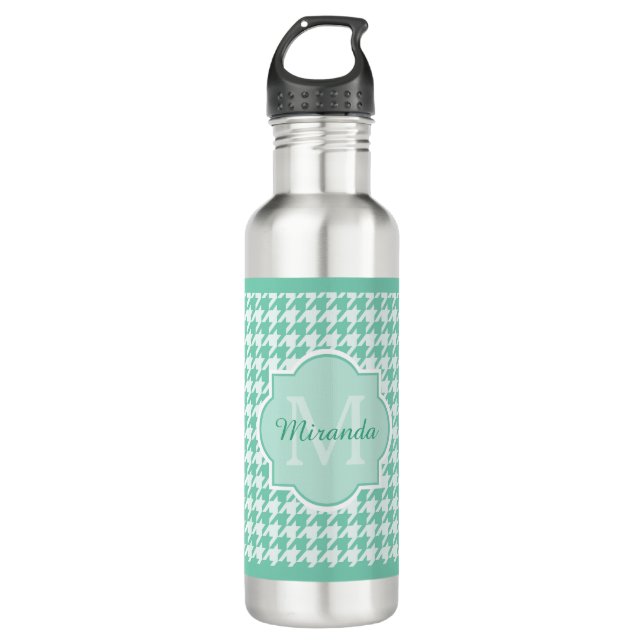 Bouteille D'eau En Acier Inoxydable Chic Monogram Mint Green Houndstooth Avec Nom (Devant)