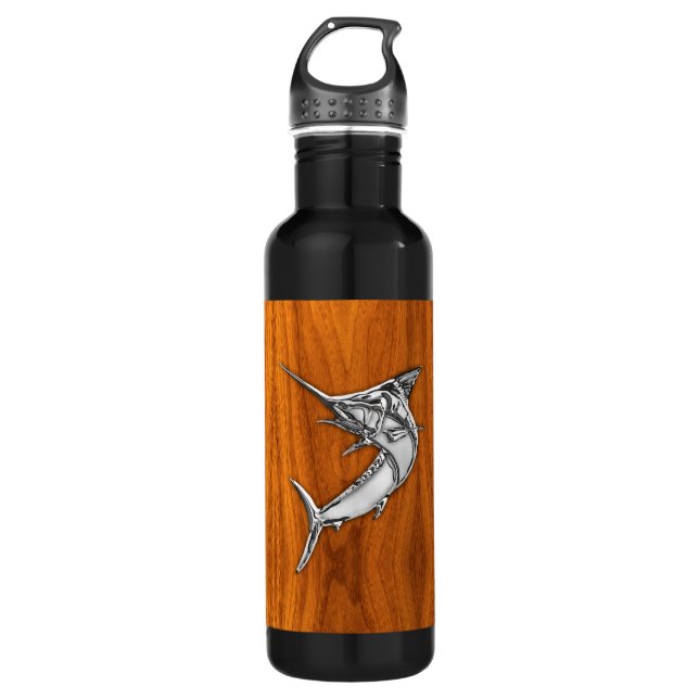Bouteille D'eau En Acier Inoxydable Chrome Marlin sur bois de teck (Devant)