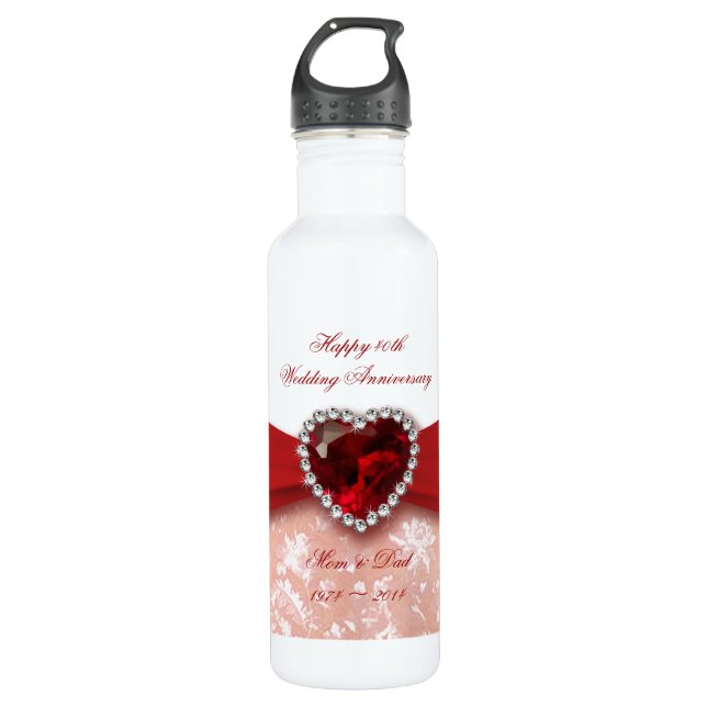 Bouteille D'eau En Acier Inoxydable Damask 40e anniversaire Mariage Design (Devant)