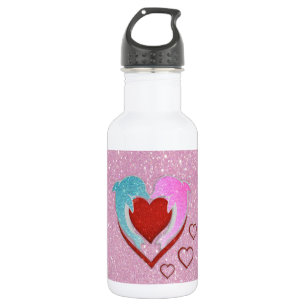 Bouteille D'eau En Acier Inoxydable Dauphins bleu rose mignons tenant un coeur rouge