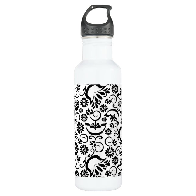 Bouteille D'eau En Acier Inoxydable Élégant noir blanc floral (Devant)