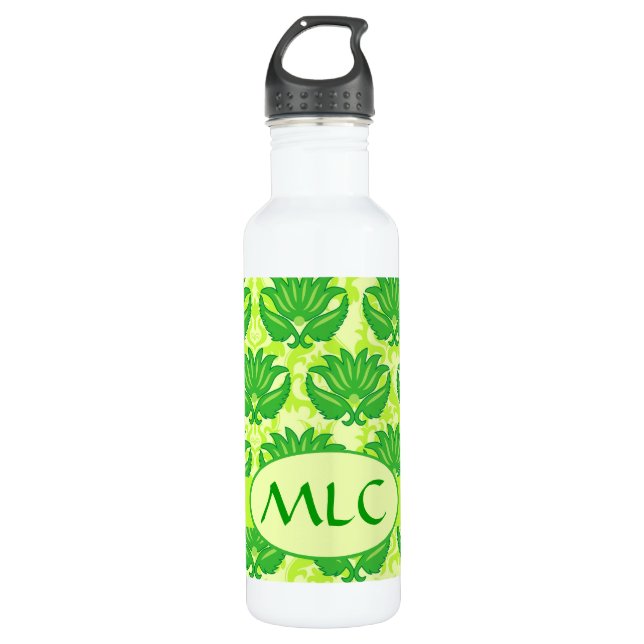 Bouteille D'eau En Acier Inoxydable Emerald Lime Green Art Nouveau Damask Monogramme (Devant)