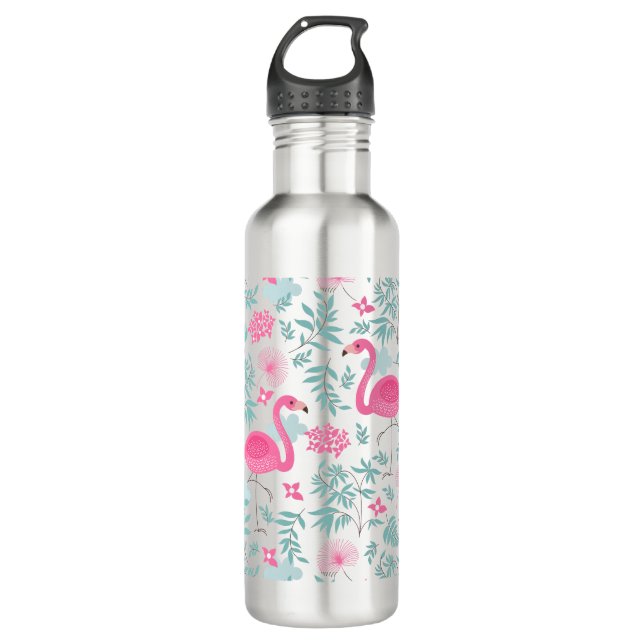 Bouteille D'eau En Acier Inoxydable Flamants roses roses mignons et fleurs tropicales (Devant)