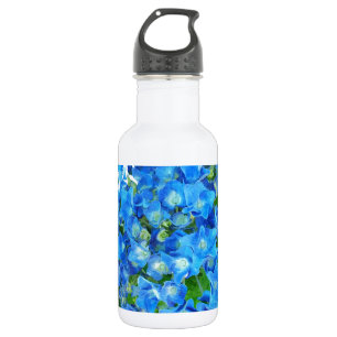 Bouteille D'eau En Acier Inoxydable Fleurs d'hydrangée bleue. Photographie florale.