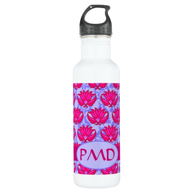 Bouteille D'eau En Acier Inoxydable Fuchsia rose violet Art Nouveau Damask Monogramme (Devant)