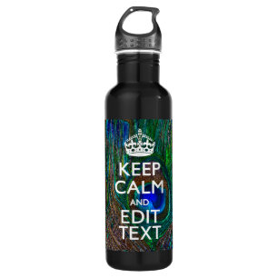 Bouteille D'eau En Acier Inoxydable Keep Calm and Your Text on Peacock Feathers