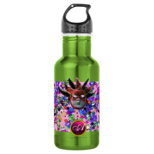 Bouteille D'eau En Acier Inoxydable MASQUE JESTER ROUGE NOIR, Monogramme de fête Masqu