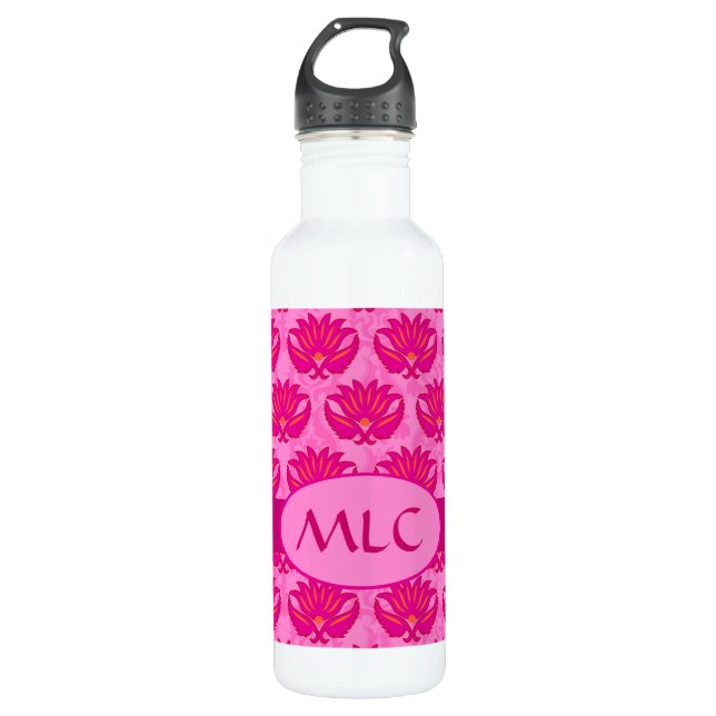 Bouteille D'eau En Acier Inoxydable Monogramme Fuchsia et rose Art nouveau Damask (Devant)