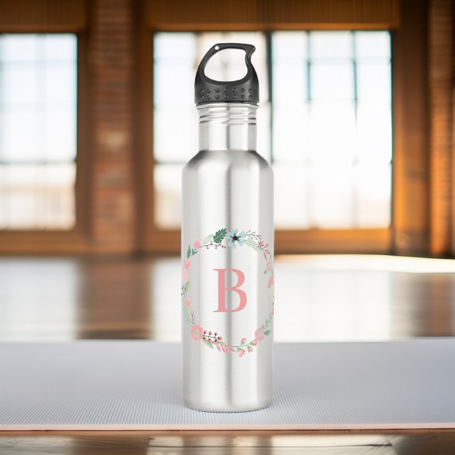 Bouteille D'eau En Acier Inoxydable Monogramme rose couronne florale (Créateur téléchargé)
