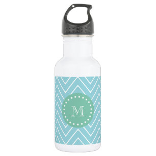 Bouteille D'eau En Acier Inoxydable Motif de Blue Chevron  Monogramme vert à la menth