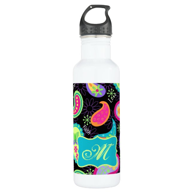 Bouteille D'eau En Acier Inoxydable Noir Turquoise Moderne Paisley Motif Monogramme (Devant)
