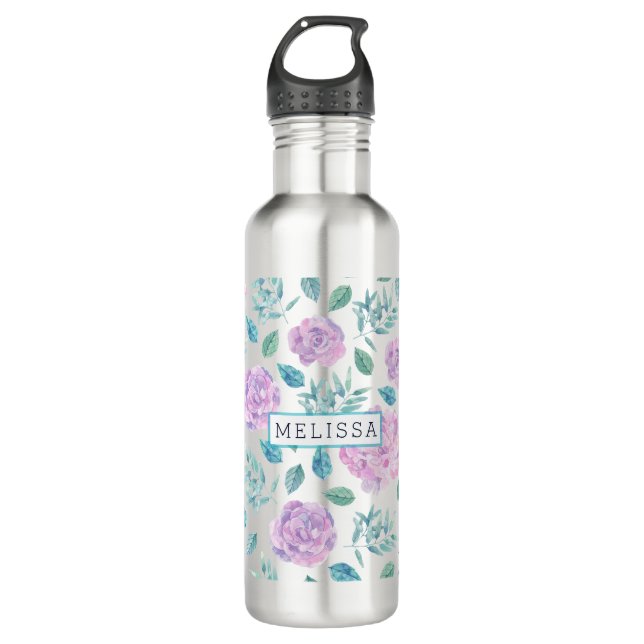 Bouteille D'eau En Acier Inoxydable Pastel Purple Fleurs Motif Monogramme (Devant)