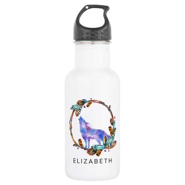 Bouteille D'eau En Acier Inoxydable Wolf aquarelle avec modèle Boho Wreath personnalis (Devant)