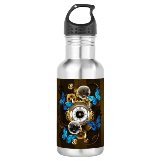 Bouteille D'eau Engrenages à vapeur et papillons bleus (Devant)